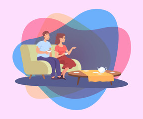 Happy couple sitting on sofa and drinking tea in living room. Man and woman spending evening together at home flat vector illustration. Communication, love, romance, weekend, home concept