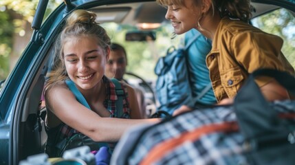 Family Loading Car with College Dorm Items for Teenager - Realistic Lifestyle Image of Parents Helping Pack for University Journey