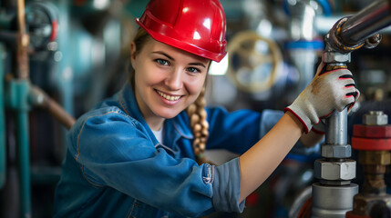 A smiling female plumber woman fixing an issue in central heating system pipes in a home. Female heating engineer, handywoman, apprenticeship, trainee concepts.	