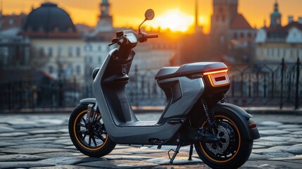 Electric scooter parked on a street at sunset.