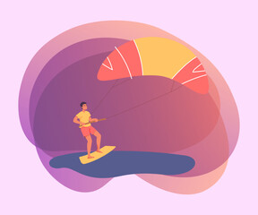 Man kitesurfing at sea flat vector illustration. Male surfer doing physical activity during holiday, having fun. Extreme water sports game, recreation, hobby concept