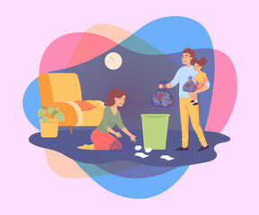 Mother, father and daughter cleaning apartment together. Cartoon people putting garbage in bucket and making room tidy flat vector illustration. Family, housework concept for banner, website design