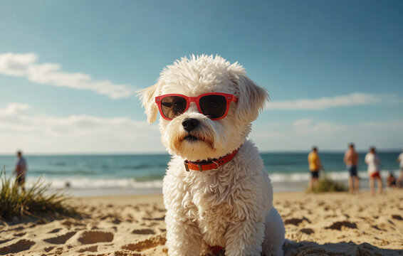 Bichon Frise white dog with red sunglasses enjoying the beach on a sunny day

