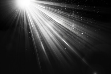 Shining sun glare rays with lens flare, featuring glowing sunlight and white beams black background
