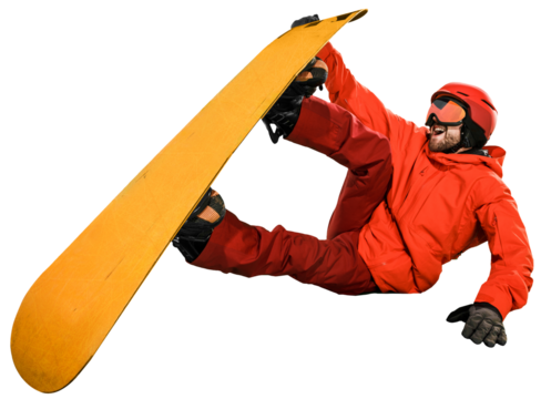 Snowboarder in bright red attire captured mid-jump, embodying the thrill and skill isolated on transparent background. Concept of winter, sport, activity, travelling, active lifestyle, extreme sport