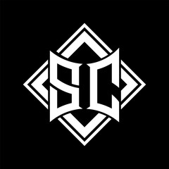 SC Letter logo abstract shield shape with square white outline on black background template