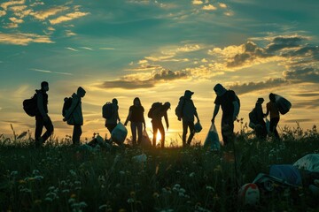 Fototapeta premium silhouettes of group of eco-volunteers collects garbage in large bags at sunset