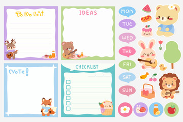 Kawaii Animal Planner Stickers and Notes. Cute To Do List and Checklist Templates with Adorable Animals. Printable Planner Pages with Kawaii Animal Characters.