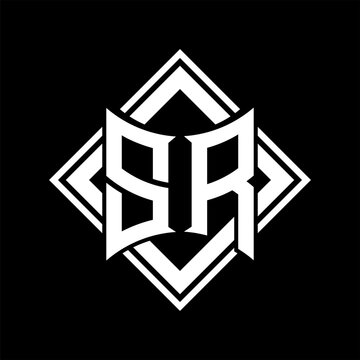 recommend clip art: SR Letter logo abstract shield shape with square white outline on black background template
