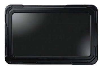 This image showcases a rugged black tablet with a sleek, robust design isolated in transparent background.