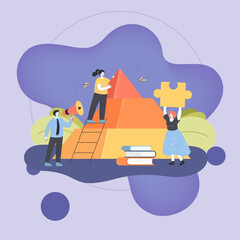 People building pyramid flat vector illustration. Man and women connecting 3d puzzle elements together, helping each other. Man with loudspeaker controlling process. Partnership, business concept