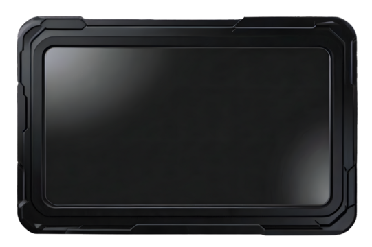 This image showcases a rugged black tablet with a sleek, robust design isolated in transparent background.