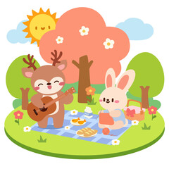 Cute Deer and Bunny Picnic in a Sunny Park. Adorable Cartoon Picnic with Deer and Bunny Friends. Kawaii Animal Friends Enjoying a Picnic Outdoors.