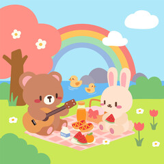 Cute Bear and Bunny Picnic with Rainbow and Ducks. Adorable Cartoon Picnic Scene with Bear, Bunny, and Rainbow. Kawaii Animal Friends Enjoying a Picnic by the Lake.