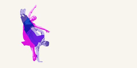 Obraz premium Blend of classical and modern dance, portraying a graceful woman and energetic breakdancer in fluid motion. Contemporary art collage. Concept of dance styles, performance. Double exposure effect