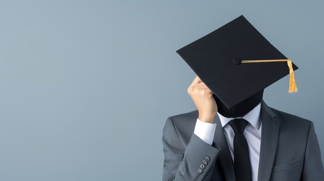Young adult with student loan debt graduation cap, education financial burden