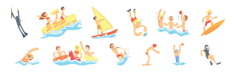 People Character Enjoy Beach and Water Summer Activity Vector Set