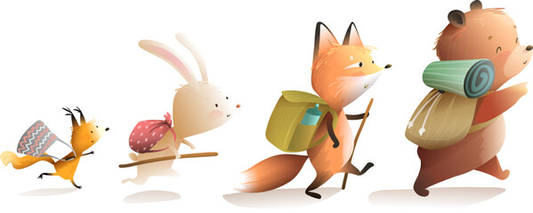 Cute animals walking or hiking adventure. Bear rabbit squirrel and fox going on adventure. Character design for children, backpacking animals. Vector clip art cartoon illustration in watercolor style.