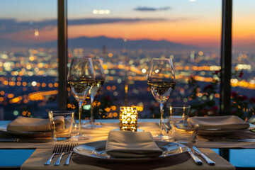 Elegant dining setup with glasses, candlelight and a cityscape at dusk