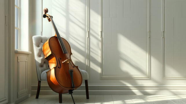 A beautiful cello leaning against a chair in a sunlit room with soft shadows - Powered by Adobe