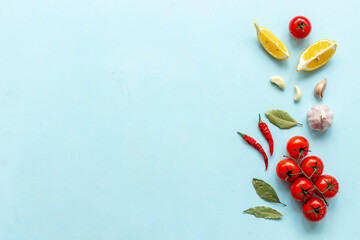 Creative Cooking layout with tomatoes and spices, top view. Menu concept