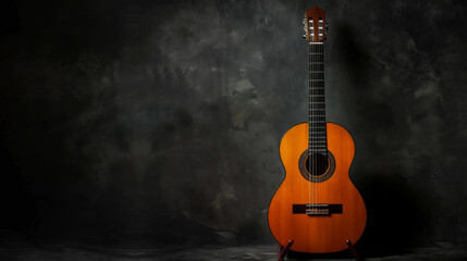 Classical guitar on stand against dark background ready for performance or practice session