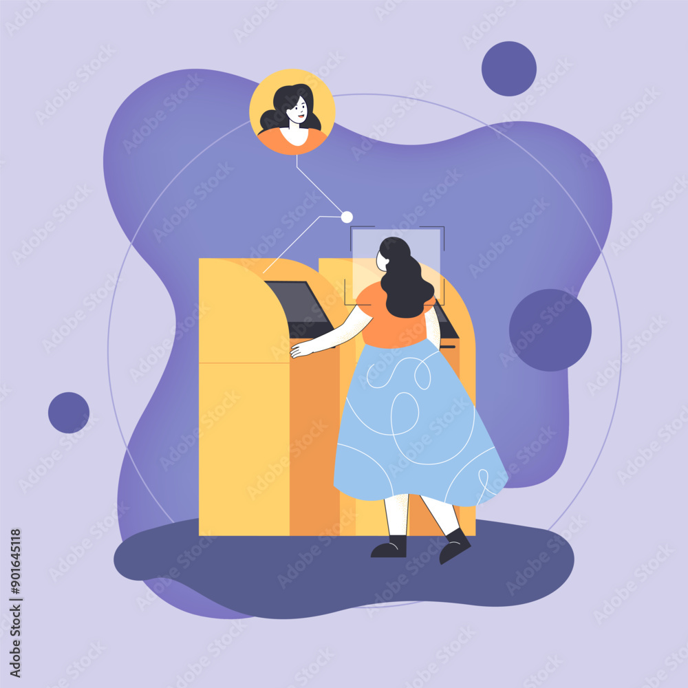 Wall mural woman in front of atm machine and her face scan. security camera with facial recognition system in b