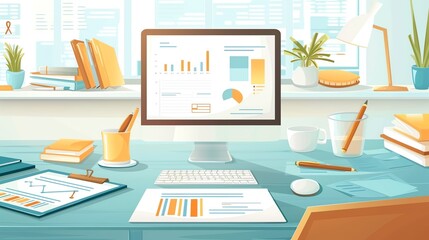 Financial documents and charts, office workspace, flat design illustration