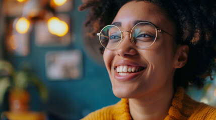 Client expressing joyful emotions during therapeutic session in cozy home setting