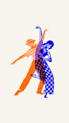 Obraz premium Vibrant fusion of classical elegance and modern street dance, featuring two dancers in dynamic poses. Contemporary art collage. Concept of dance styles, performance, hobby. Double exposure effect