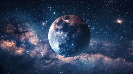 A large planet with a bright moon in the sky. The sky is filled with stars and the planet is surrounded by a cloud of gas
