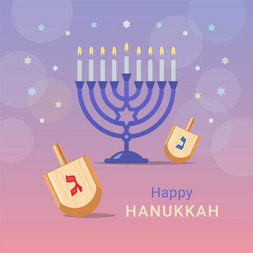 Hanukkah Menorah candles and wooden toy Dreidels on shiny background. Happy Hanukkah vector design for greeting card, banner, poster
