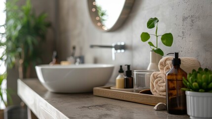 Modern bathroom counter with toiletries and plants