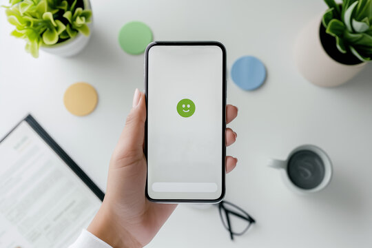 Mobile phone smartphone with a green smile emoji emoticon in customer satisfaction feedback survey. Hand with smarphone with user satisfaction symbol on screen.