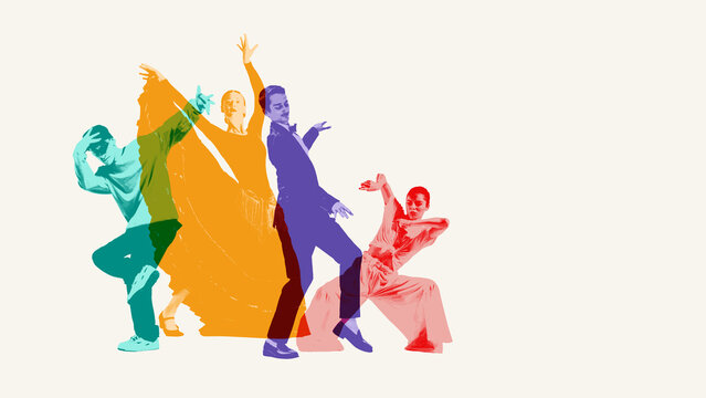 Vibrant fusion of classical and modern dance styles, featuring diverse group of dancers in dynamic poses. Contemporary art collage. Concept of dance styles, performance. Double exposure effect