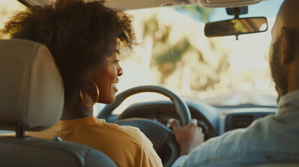 Couple enjoying a conversation while driving on a sunny day