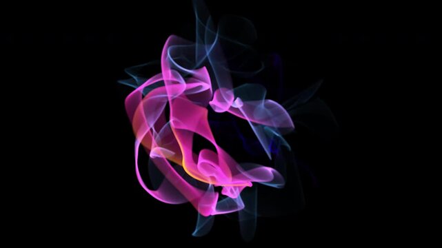 Movement of bright glowing lines similar to smoke clouds on black background. Abstract concept of artificial intelligence (AI), big data or machine learning. 4K looped video of vibrant 3D sound waves