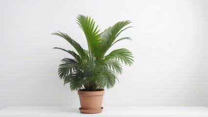 Obraz premium Green Palm Plant in a Clay Pot Against a White Wall