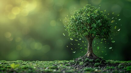 Tree with recycling and energyefficient symbols minimal design flat white background art space for text