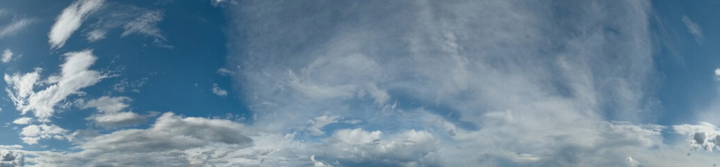 Russia, south of Western Siberia. Panoramic view of the evening sky with the setting sun and colorful clouds.