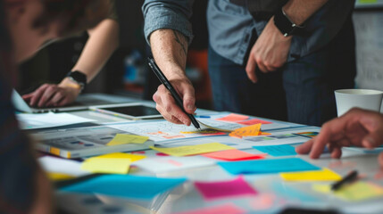 Fototapeta premium Creative professional engaged in brainstorming session with digital pen and sticky notes