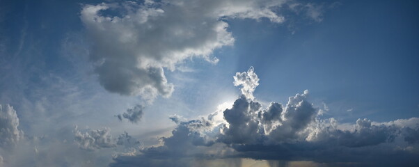 Russia, south of Western Siberia. Panoramic view of the evening sky with the setting sun and...