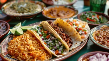 Fototapeta premium A plate of food with three tacos and a side of rice. The plate is on a table with other plates of food