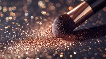 Makeup brush dusting shimmering gold powder, highlighting the glamorous makeup application.