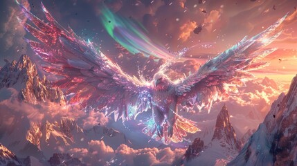 Obraz premium A phoenix with vibrant wings soaring through a starry sky.