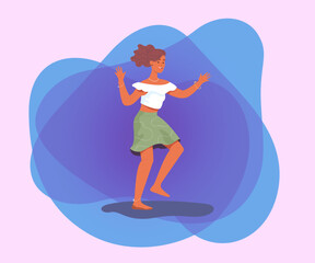 Young woman dancing  flat vector illustration. Female character having fun at party. Music, dance, entertainment, hobby concept for banner