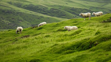 Fototapeta premium Sheep grazing on a hillside covered in green grass