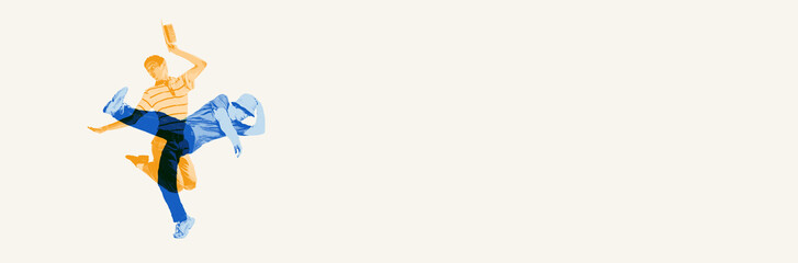 Dynamic fusion of classical and modern dance, featuring dancer in playful pose and dynamic breakdancer. Contemporary art collage. Concept of dance styles, performance, hobby. Double exposure effect