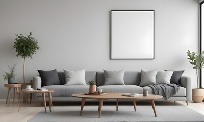 Modern living room with a gray sofa, a wooden coffee table, and blank framed Canvas on the wall. The room has a minimalist and cozy atmosphere