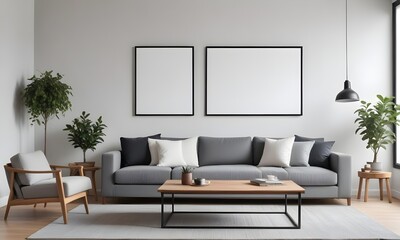 Modern living room with a gray sofa, a wooden coffee table, and blank framed Canvas on the wall. The room has a minimalist and cozy atmosphere